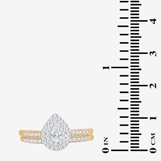 Womens 1/2 CT.T.W. Natural Diamond 10K or 14K Gold Pear Side Stone Halo Bridal Set