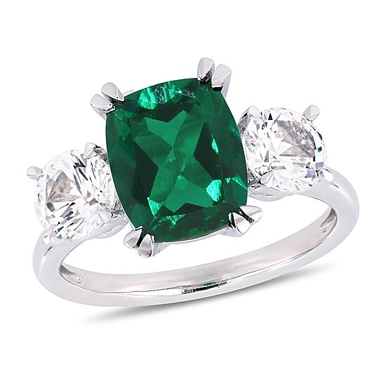 Womens Lab Created Green Emerald 10K Gold 3-Stone Cocktail Ring