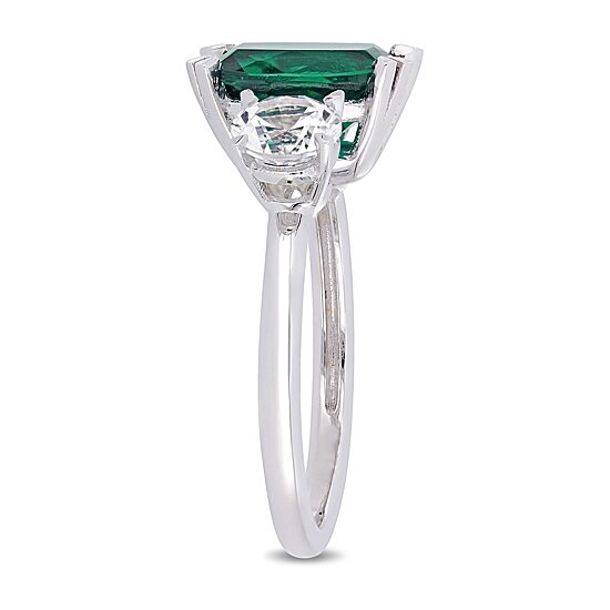 Womens Lab Created Green Emerald 10K Gold 3-Stone Cocktail Ring