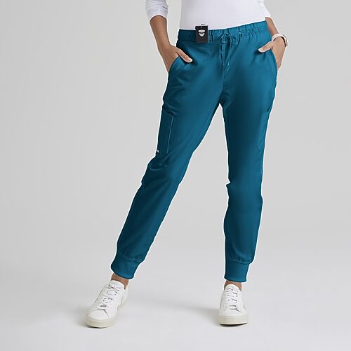 Grey's Anatomy by Barco Classic Grp534 Kira 5-Pocket Mid-Rise Jogger Womens Petite Moisture Wicking Scrub Pant, Petite Small, Blue