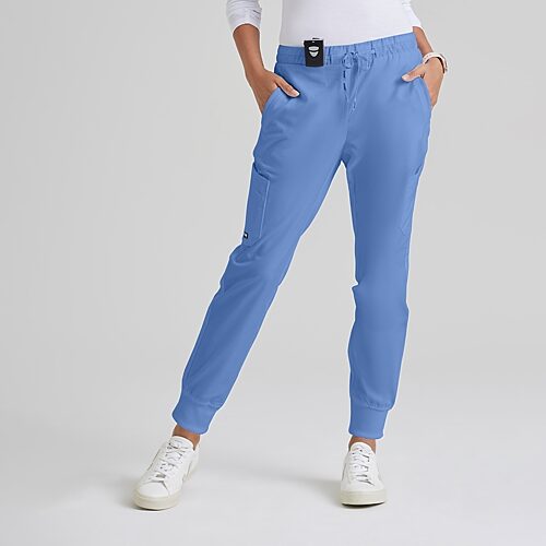 Grey's Anatomy by Barco Classic Grp534 Kira 5-Pocket Mid-Rise Jogger Womens Petite Moisture Wicking Scrub Pant, Petite Small, Blue