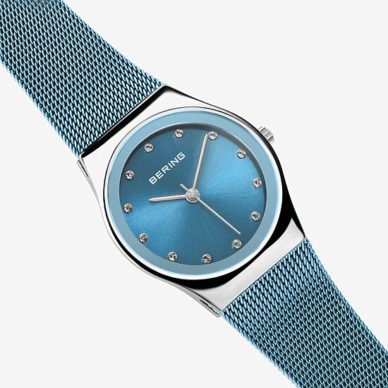 Bering Womens Crystal Accent Blue Stainless Steel Bracelet Watch 12927-308