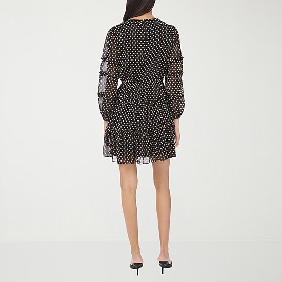 CeCe Womens V Neck Long Sleeve Balloon Chiffon Polka Dot Fit + Flare Dress