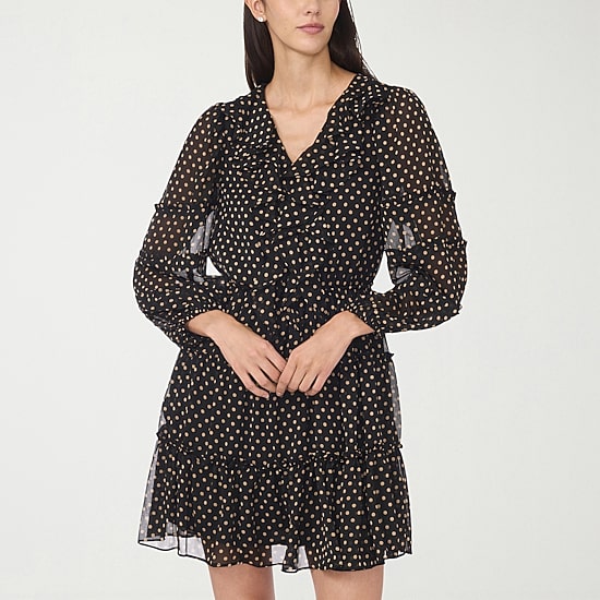CeCe Womens V Neck Long Sleeve Balloon Chiffon Polka Dot Fit + Flare Dress