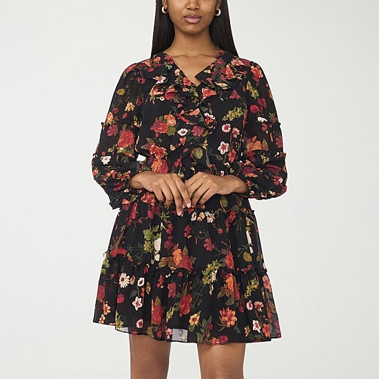 CeCe Womens Cowl Neck Long Sleeve Balloon Floral Fit + Flare Dress