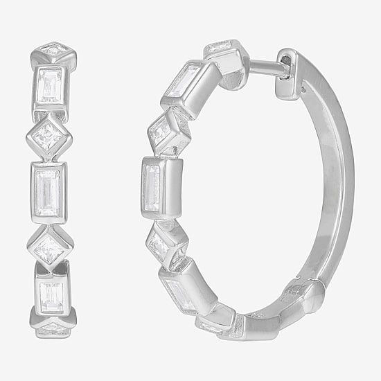 Diamonart Womens Lab Created White Cubic Zirconia Sterling Silver 19.8mm Hoop Earrings
