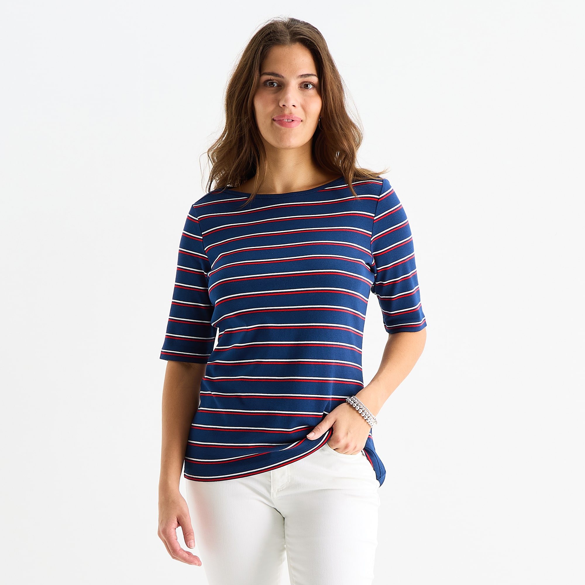 St. John's Bay Womens Boat Neck Elbow Sleeve T-Shirt