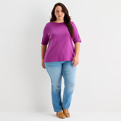 St. John's Bay Womens Plus Boat Neck Elbow Sleeve T-Shirt, 5x, Purple