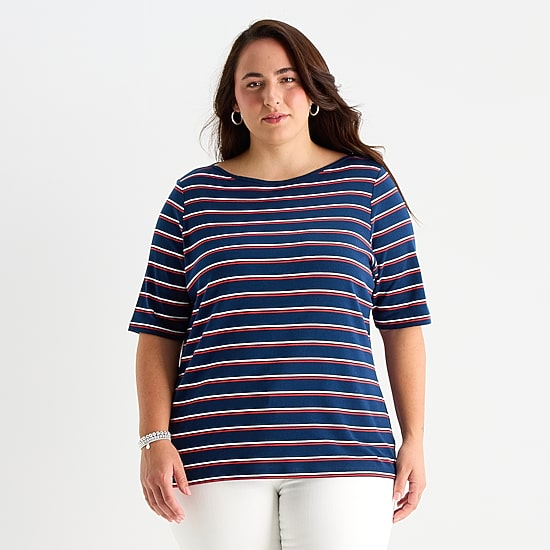 St. John's Bay Womens Plus Boat Neck Elbow Sleeve T-Shirt