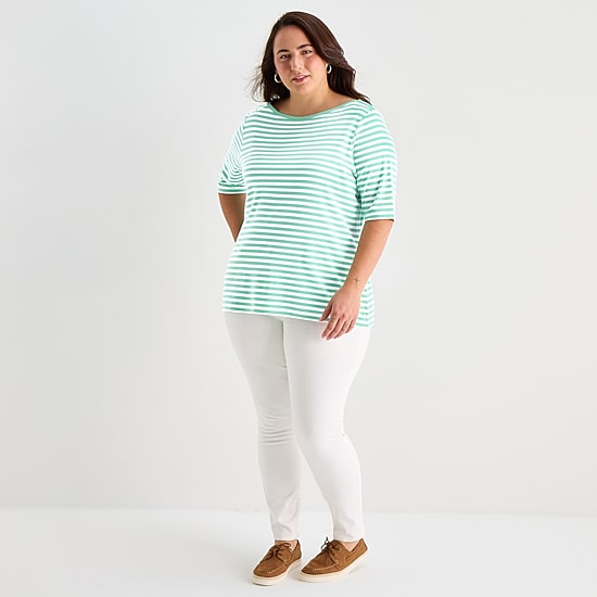 St. John's Bay Womens Plus Boat Neck Elbow Sleeve T-Shirt