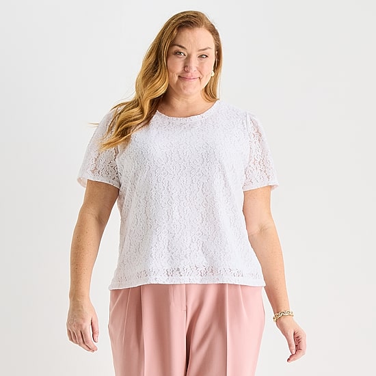 Liz Claiborne Womens Plus Round Neck Short Sleeve Blouse