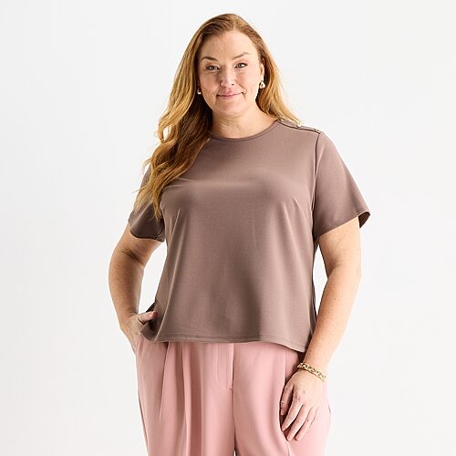 Liz Claiborne Womens Plus Crew Neck Short Sleeve Blouse In Brown