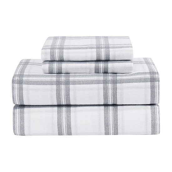 London Fog Grey Plaid Flannel Sheet Set