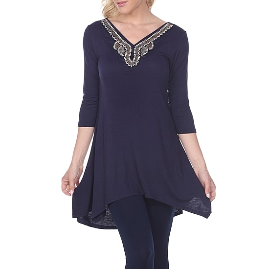 White Mark Tonya Womens V Neck 3/4 Sleeve Embellished Tunic Top