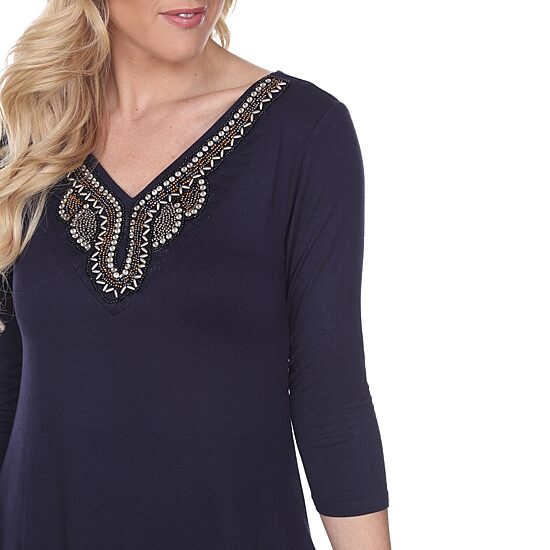 White Mark Tonya Womens V Neck 3/4 Sleeve Embellished Tunic Top