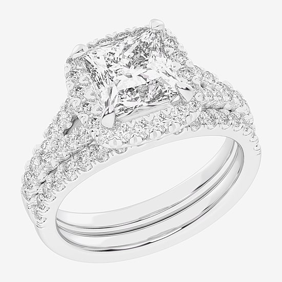 (G-H / Si1-Si2) Womens 1 5/8 CT. T.W. Lab Grown White Diamond 14K Gold Side Stone Halo Bridal Set