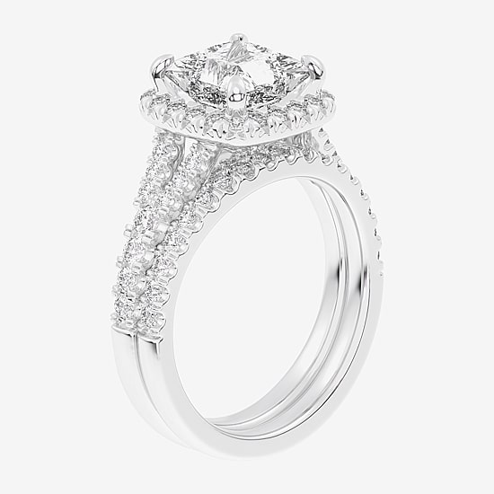 (G-H / Si1-Si2) Womens 1 5/8 CT. T.W. Lab Grown White Diamond 14K Gold Side Stone Halo Bridal Set
