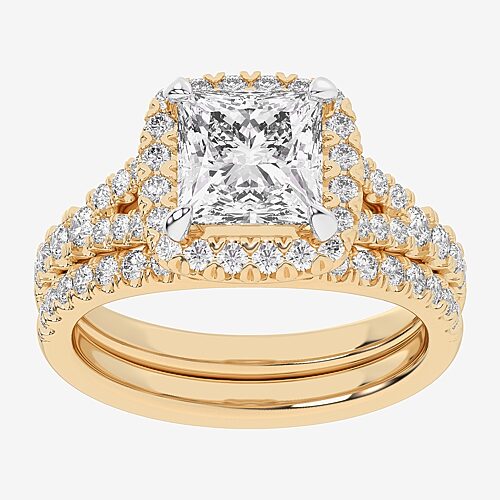 (G-H / Si1-Si2) Womens 3 CT. T.W. Lab Grown White Diamond 14K Gold Side Stone Halo Bridal Set, 9, Yellow