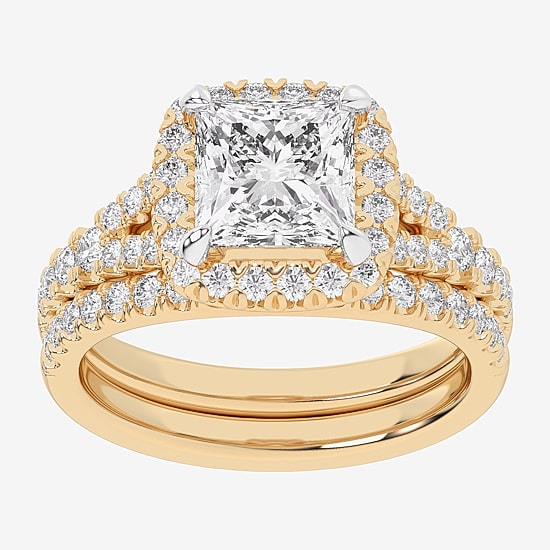 (G-H / Si1-Si2) Womens 3 CT. T.W. Lab Grown White Diamond 14K Gold Side Stone Halo Bridal Set