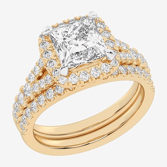 (G-H / Si1-Si2) Womens 3 CT. T.W. Lab Grown White Diamond 14K Gold Side Stone Halo Bridal Set