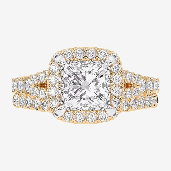 (G-H / Si1-Si2) Womens 3 CT. T.W. Lab Grown White Diamond 14K Gold Side Stone Halo Bridal Set