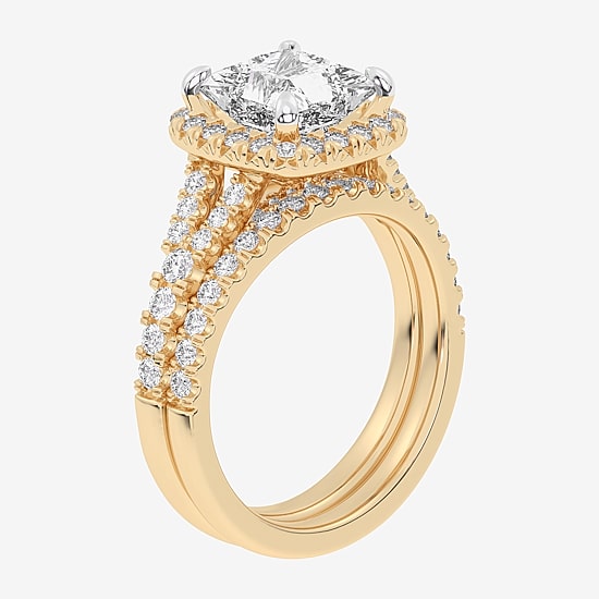 (G-H / Si1-Si2) Womens 3 CT. T.W. Lab Grown White Diamond 14K Gold Side Stone Halo Bridal Set