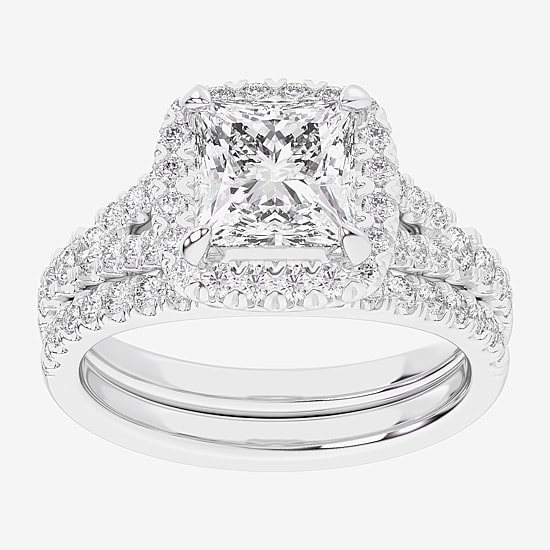 (G-H / Si1-Si2) Womens 4 CT. T.W. Lab Grown White Diamond 14K Gold Side Stone Halo Bridal Set