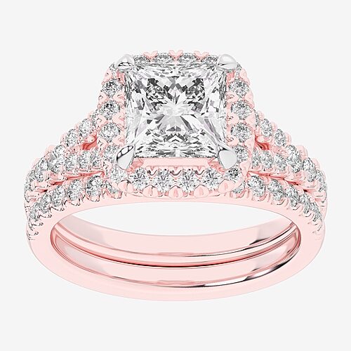 (G-H / Si1-Si2) Womens 3 CT. T.W. Lab Grown White Diamond 14K Gold Side Stone Halo Bridal Set, 8, Rose