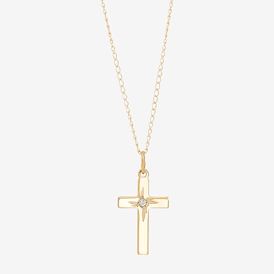Girls White Diamond 14K Gold Cross 13 Inch Pendant Necklace