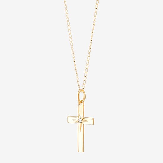 Girls White Diamond 14K Gold Cross 13 Inch Pendant Necklace