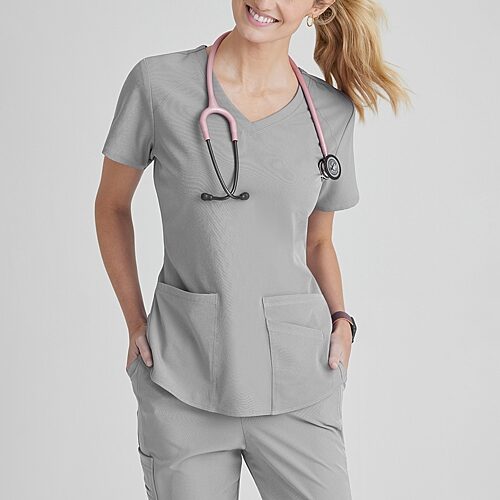 Skechers Sk101 Breeze 3-Pocket Curved Womens V Neck Short Sleeve Tag Free Scrub Top, Xx-large, Gray