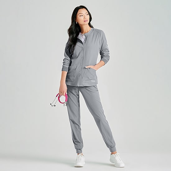 Skechers Sk401 Stability 2-Pocket Crewneck Snap-Front Warm-Up Womens Plus Tag Free Stretch Fabric Moisture Wicking Scrub Jackets