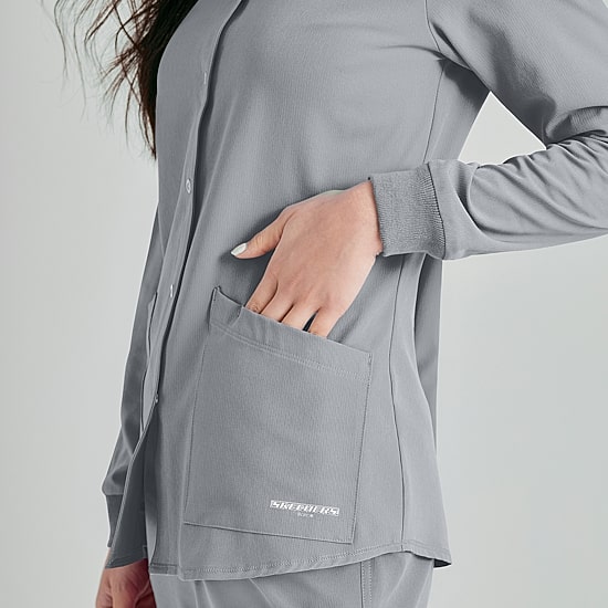 Skechers Sk401 Stability 2-Pocket Crewneck Snap-Front Warm-Up Womens Plus Tag Free Stretch Fabric Moisture Wicking Scrub Jackets