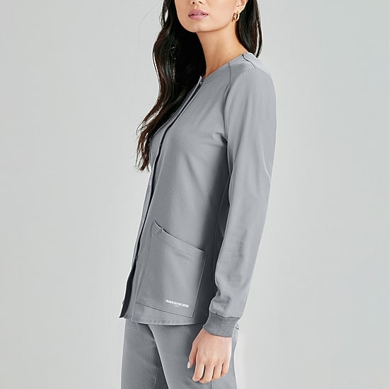 Skechers Sk401 Stability 2-Pocket Crewneck Snap-Front Warm-Up Womens Plus Tag Free Stretch Fabric Moisture Wicking Scrub Jackets