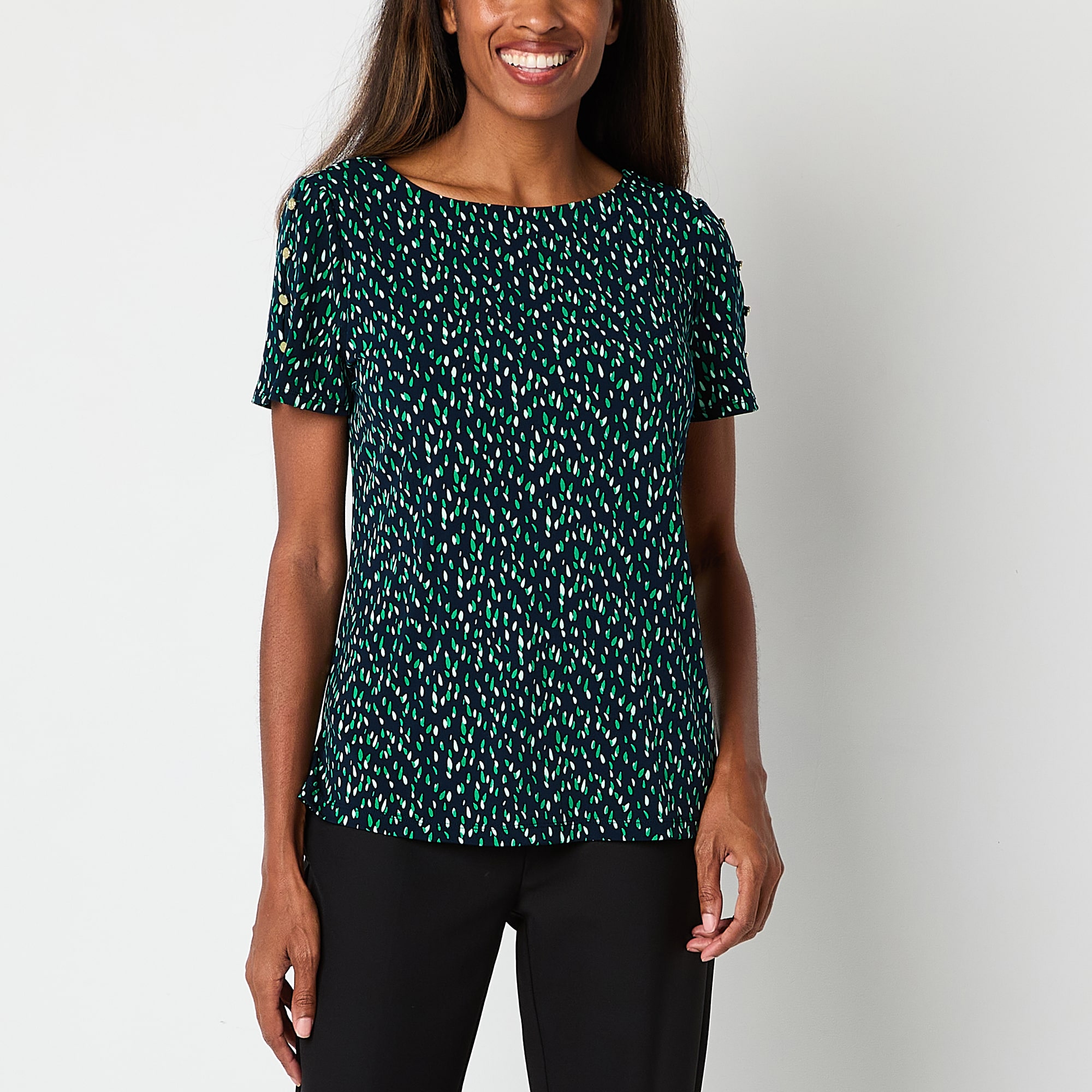 Liz Claiborne Womens Round Neck Short Sleeve Blouse