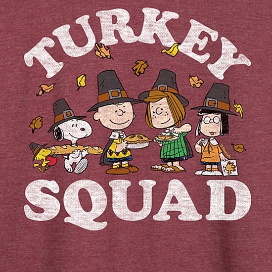 Peanuts Turkey Squad Womens Crew Neck Long Sleeve Regular Fit Peanuts Graphic T-Shirt