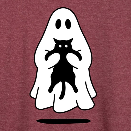 Ghost Holding Black Cat Womens Round Neck Long Sleeve Regular Fit Graphic T-Shirt