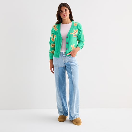 Shrek Ginger Bread Man Womens V Neck Long Sleeve Button Juniors Cardigan
