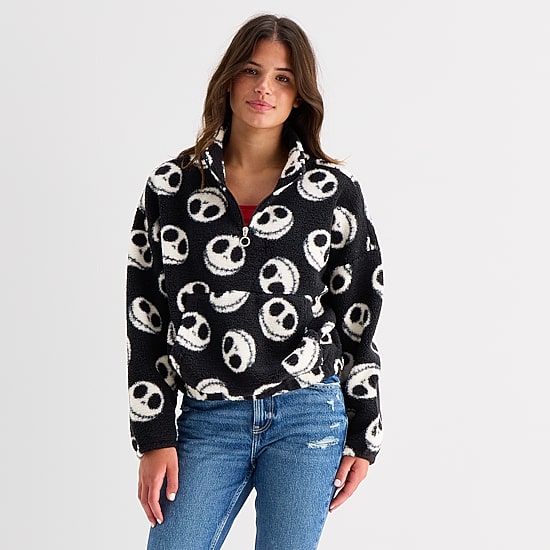 Womens Juniors Mock Neck Long Sleeve Nightmare Before Christmas Quarter-Zip Pullover