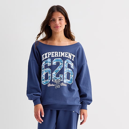 Womens Juniors Boat Neck Long Sleeve Lilo & Stitch Sweatshirt