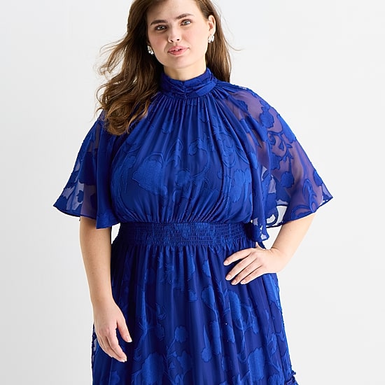 Melonie T Womens Plus Midi Mock Neck Short Sleeve Raglan Fit + Flare Dress