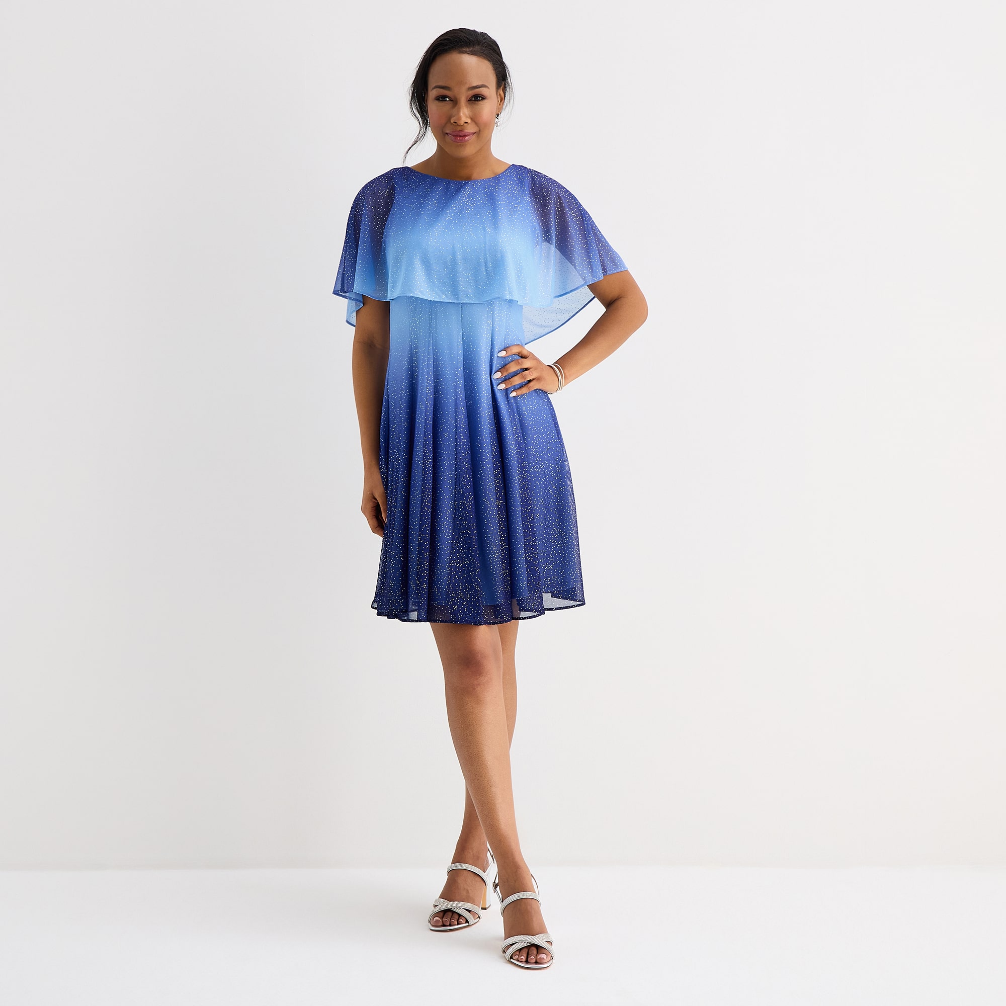 Danny & Nicole Womens Round Neck Short Sleeve Cape Ombre Fit + Flare Dress