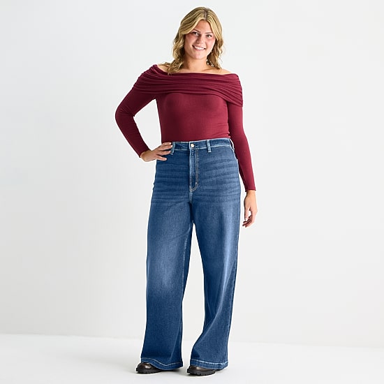 Arizona Womens Juniors Plus Highest Rise Wide Leg Jean