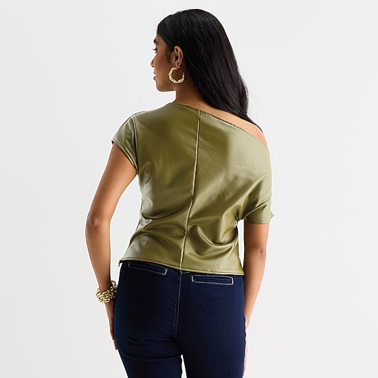 Bold Elements Womens Asymmetrical Neck Short Sleeve Blouse