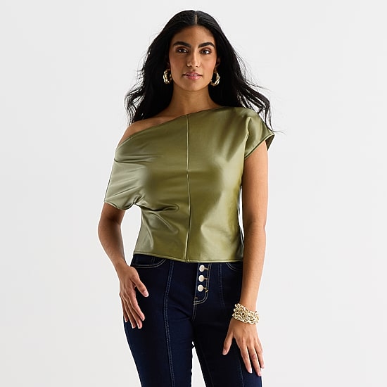 Bold Elements Womens Asymmetrical Neck Short Sleeve Blouse