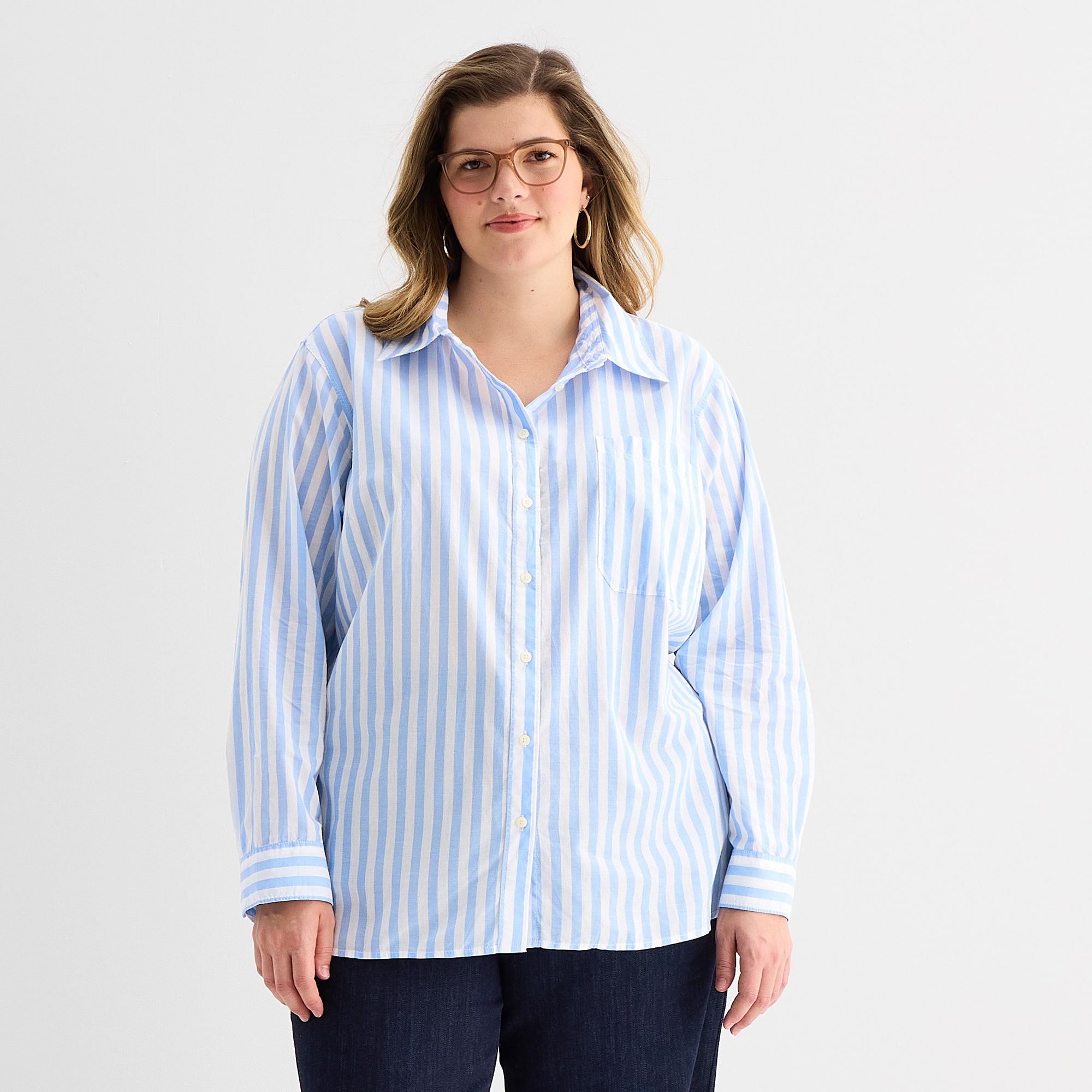 St. John's Bay Womens Plus Roll Tab Long Sleeve Regular Fit Button-Down Shirt