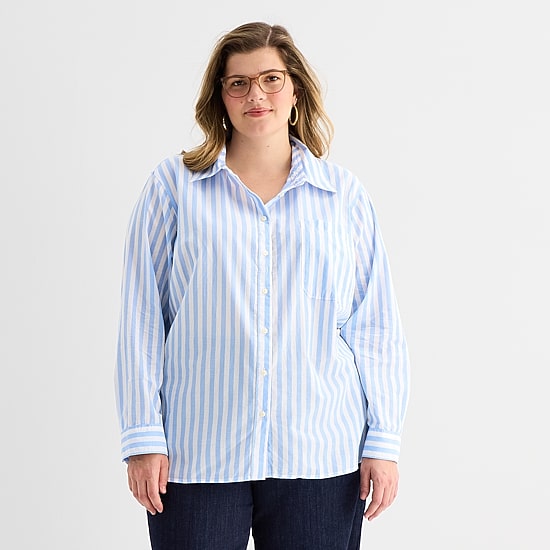 St. John's Bay Womens Plus Roll Tab Long Sleeve Regular Fit Button-Down Shirt