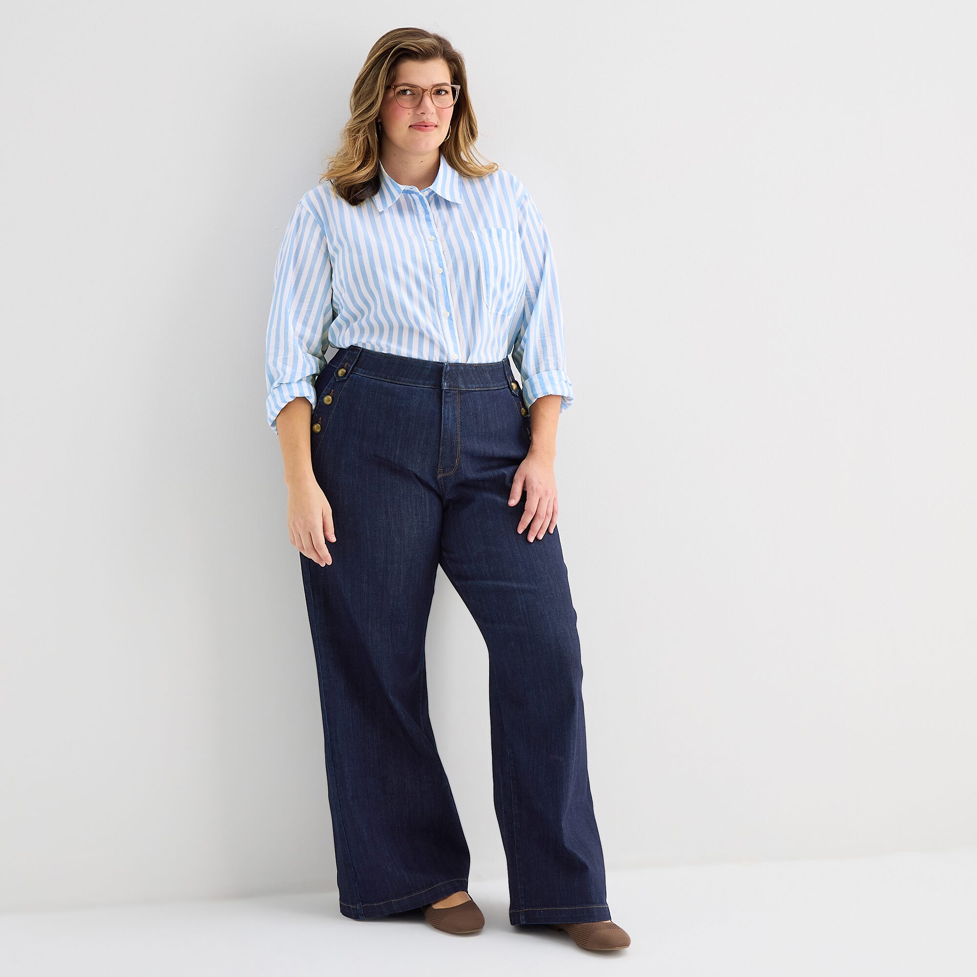 St. John's Bay Womens Plus Roll Tab Long Sleeve Regular Fit Button-Down Shirt