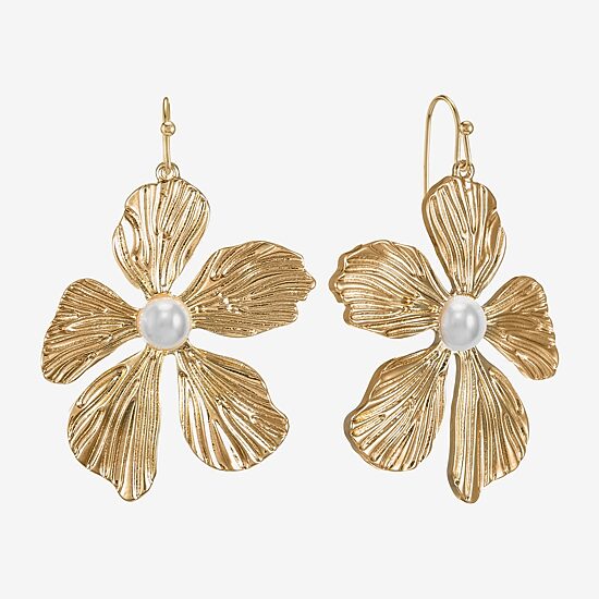 Bijoux Bar Gold Tone Womens White Simulated Pearl Flower Drop Earrings
