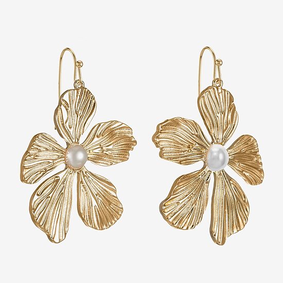 Bijoux Bar Gold Tone Womens White Simulated Pearl Flower Drop Earrings